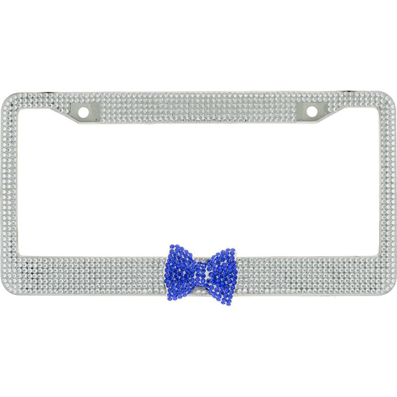 Clear 7 Rows Bling Diamond Crystal License Plate Frame With Blue Bow Tie