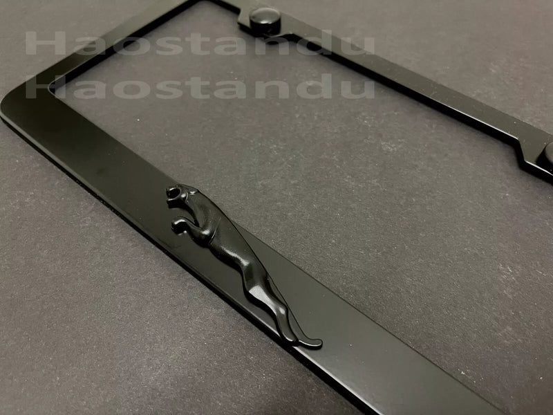 1x BLACK Jaguar 3D Emblem BLACK Stainless License Plate Frame RUST FREE + S.Caps