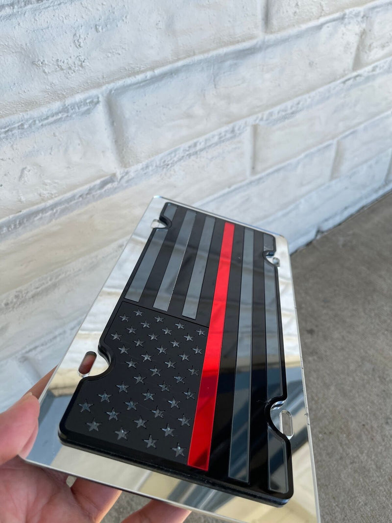 Blacked Out USA Flag Mirror Acrylic License Plate- Thin RED Line Fire, Ems