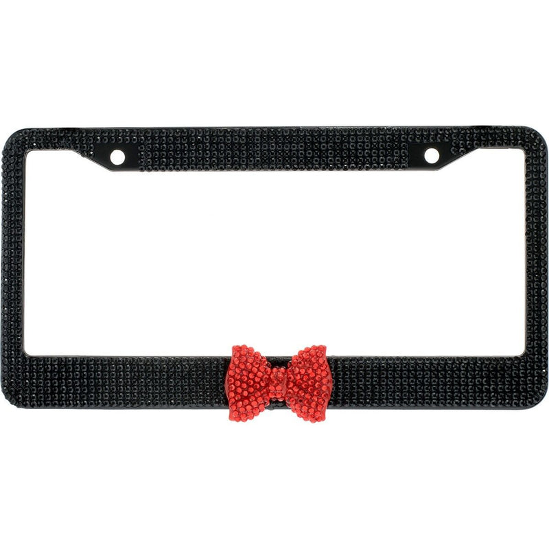 Black 7 Rows Bling Diamond Crystal License Plate Frame With Red Bow Tie
