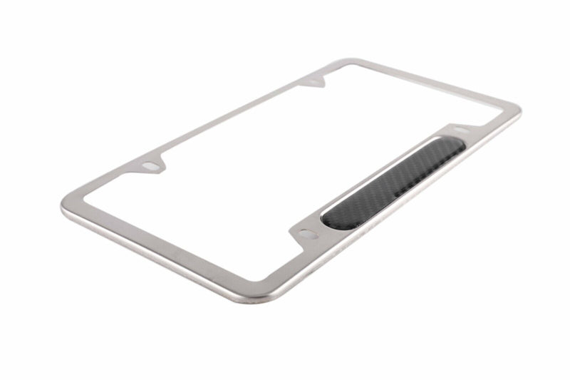 Brush Chrome Stainless Steel License Plate Frame with Real Carbon Fiber Insert