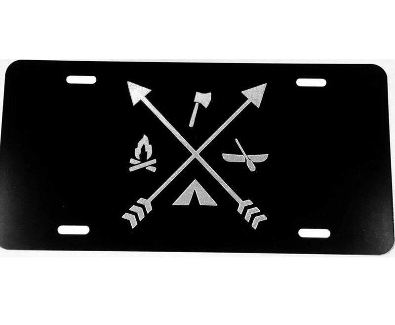 Camping Arrows Car Tag Engraved Etched Black Aluminum License Plate