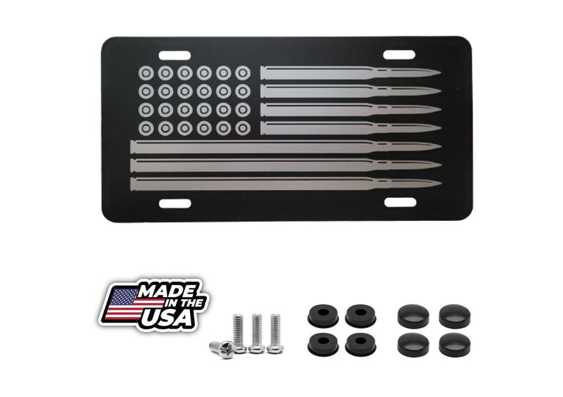Bullet American Flag License Plate Silver Flag Matte Black Aluminum plate