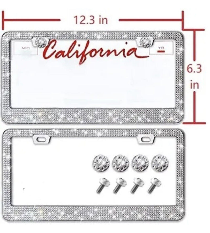 Bling Rhinestones License Plate Frame 2PCS Sparkling White Crystal Diamond