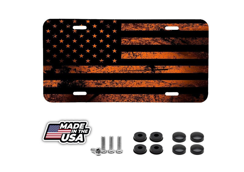 DISTRESSED AMERICAN FLAG IN ORANGE AND BLACK VEHICLE LICENSE PLATE AUTO CAR