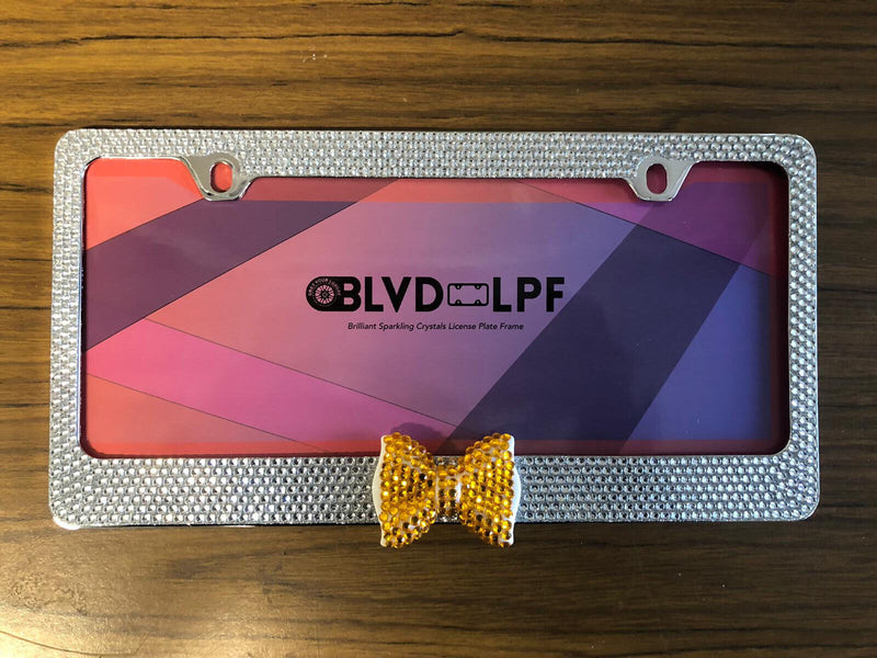 Clear 7 Rows Bling Diamond Crystal License Plate Frame With Gold Bow Tie
