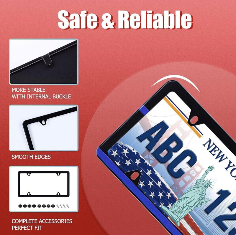Blue Thin Line Black Stainless Steel Slim License Plate Frame