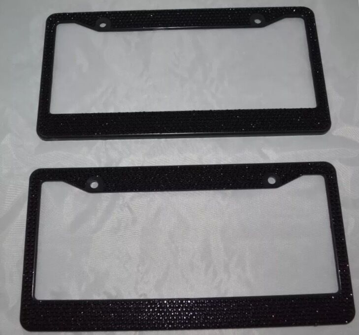 2 Black Bling Glitter Crystal RhineStone License Plate Frame Car Auto +Free Caps
