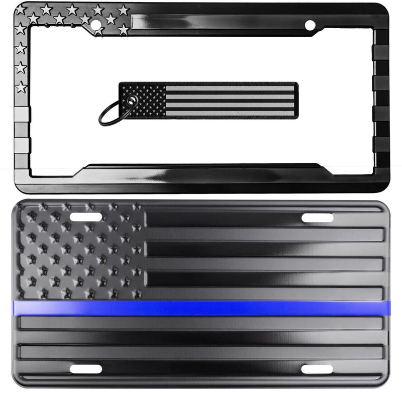 Thin Blue Line Embossed American flag license plate & Frame Key Chain Combo Set