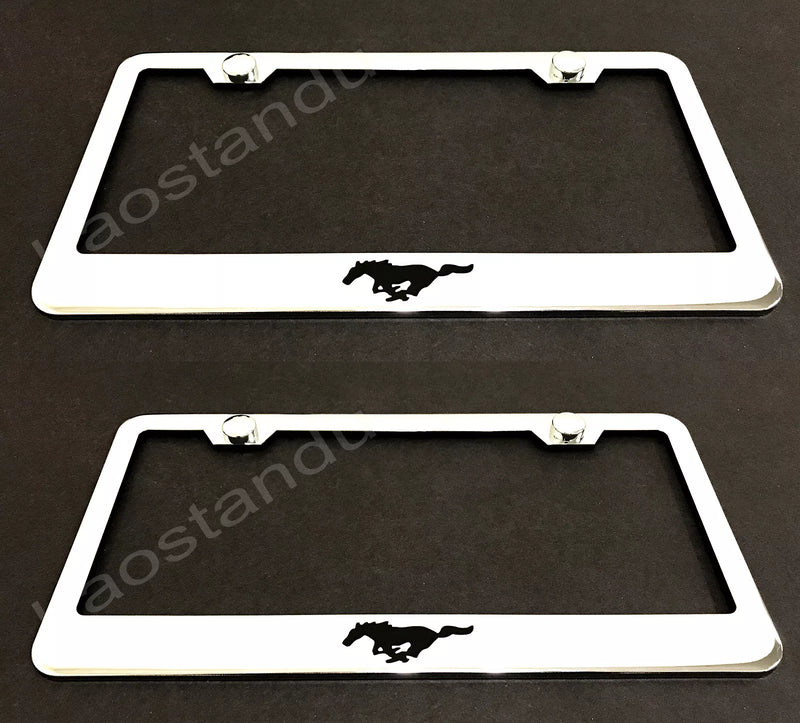 2x Pony Horse STAINLESS Steel Chrome License Plate Frame w/screw Caps