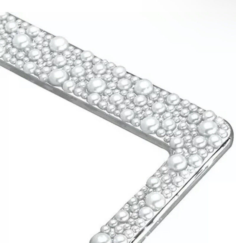 Rhinestone Diamond White PEARLS Over Chrome Metal License Plate Frame for CAR