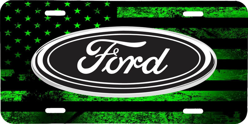 GREEN AMERICAN DISTRESSED FLAG FORD LOGO VEHICLE LICENSE PLATE TRUCK AUTO TAG