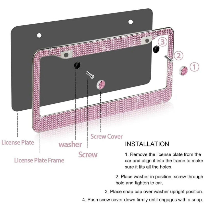 2Pcs Crystal Bling License Plate Frame W/ Screw Cap Covers, Women Car Accessories