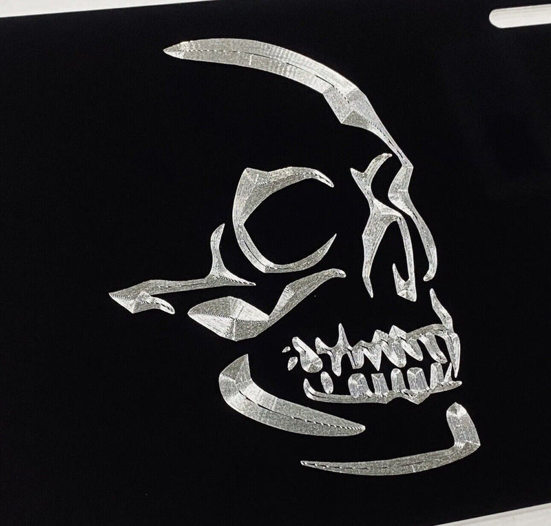 Real Engraved Aluminum Skull Car Tag Diamond Etched Black Metal License Plate