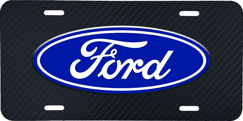 BLUE FORD LOGO WITH CARBON FIBER LOOK VEHICLE ALUMINUM LICENSE PLATE TAG .040 GA