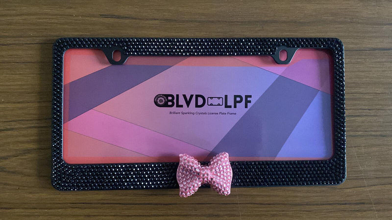 Black 7 Rows Bling Diamond Crystal License Plate Frame With Pink Bow Tie