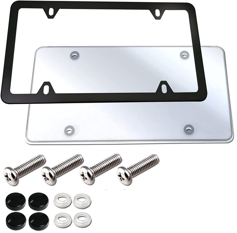 License Plate Cover and Frame Combo-Clear Cover and Black Stainless Steel Holder