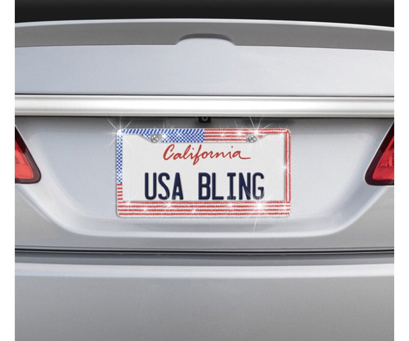 Stainless-Steel Metal USA American Flag Crystal Bling License Plate Frame