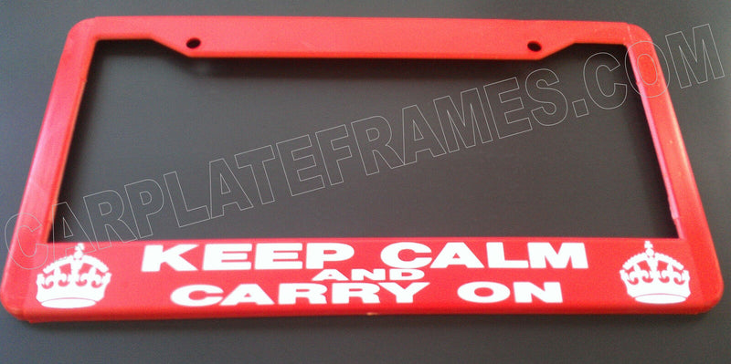 RED KEEP CALM AND CARRY ON crown License Plate Frame