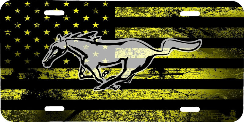 YELLOW DISTRESSED AMERICAN FLAG MUSTANG LOGO VEHICLE LICENSE PLATE TAG .040 GA