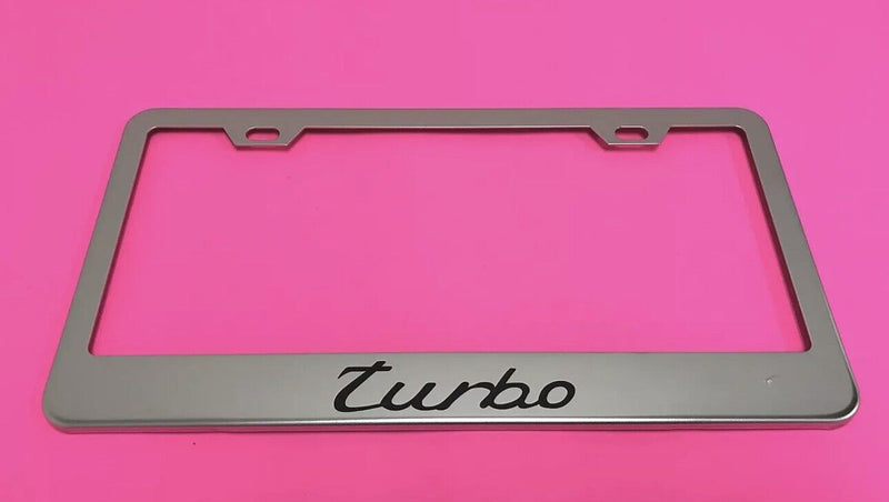TURBO - STAINLESS STEEL Chrome Metal License Plate Frame Holder w/Screw caps