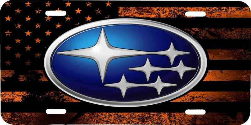 SUBARU LOGO ORANGE USA FLAG VEHICLE LICENSE PLATE AUTO CAR FRONT TAG .040 GA