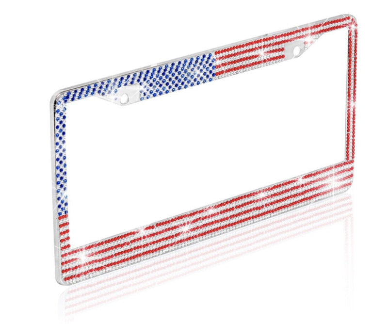 Stainless-Steel Metal USA American Flag Crystal Bling License Plate Frame