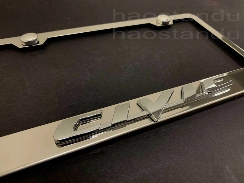 1x For CIVIC 3D Emblem STAINLESS STEEL License Plate Frame RUST FREE + Screw Cap
