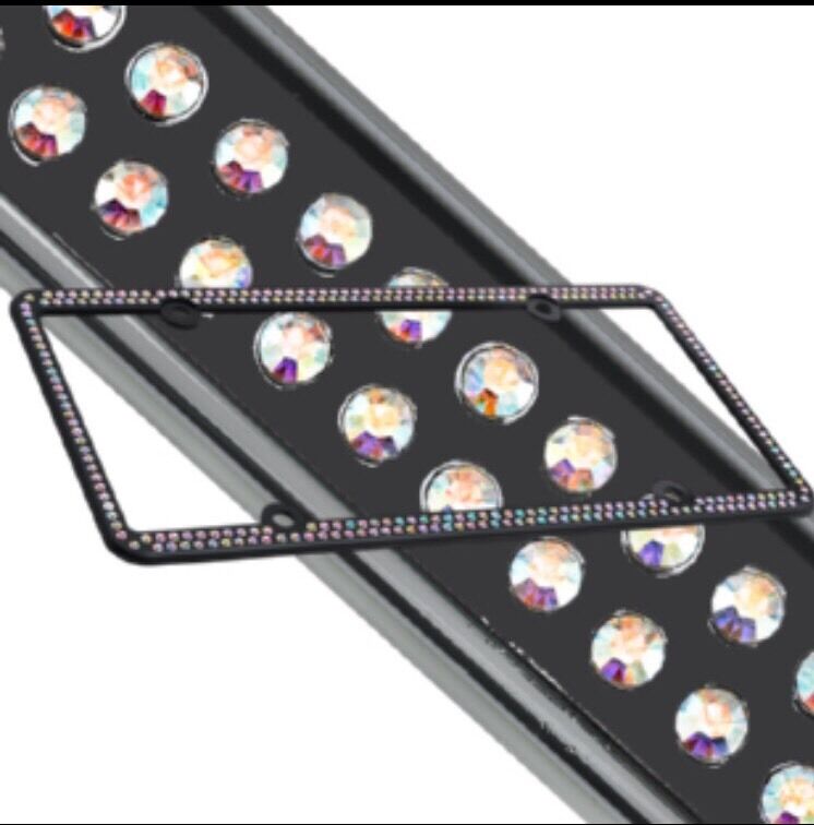 Swarovski AB Crystal Bling license plate frame Inlay Black Frame+Screw Caps