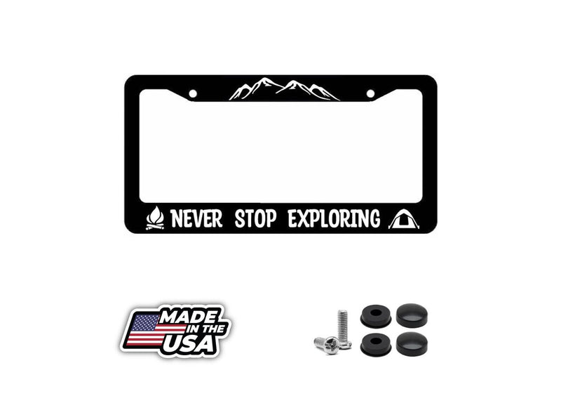 Never Stop Exploring Camping Hiking Mountains Forest Nature License Plate Frame