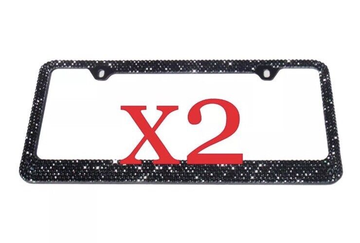 2 x Shining 7 Row BLACK Bling Diamond Crystal HEAVY METAL License Plate Frame