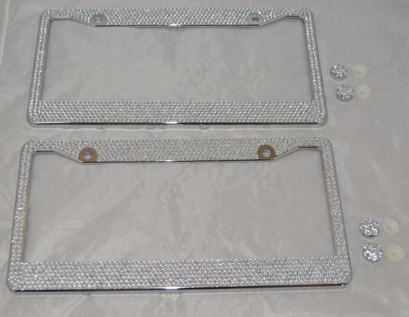 2 Metal All White Silver Bling Glitter Crystal RhineStone LicensePlate Frame Car