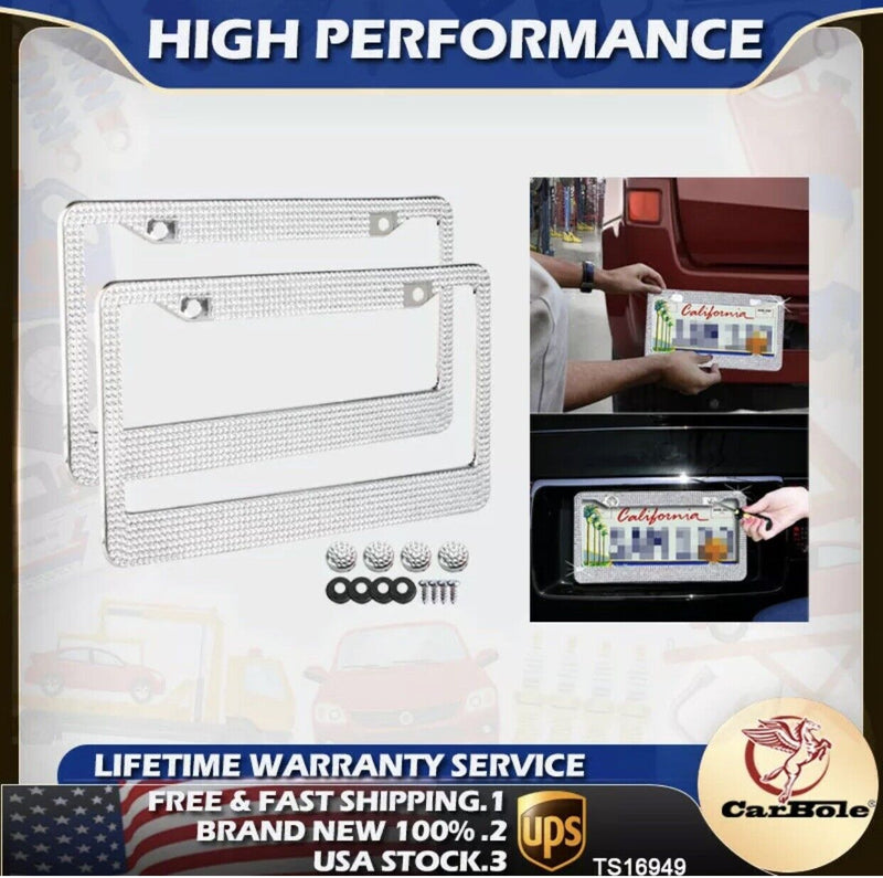 2Pcs Bling Metal License Plate Frame Diamond Sparkling Rhinestone Crystal