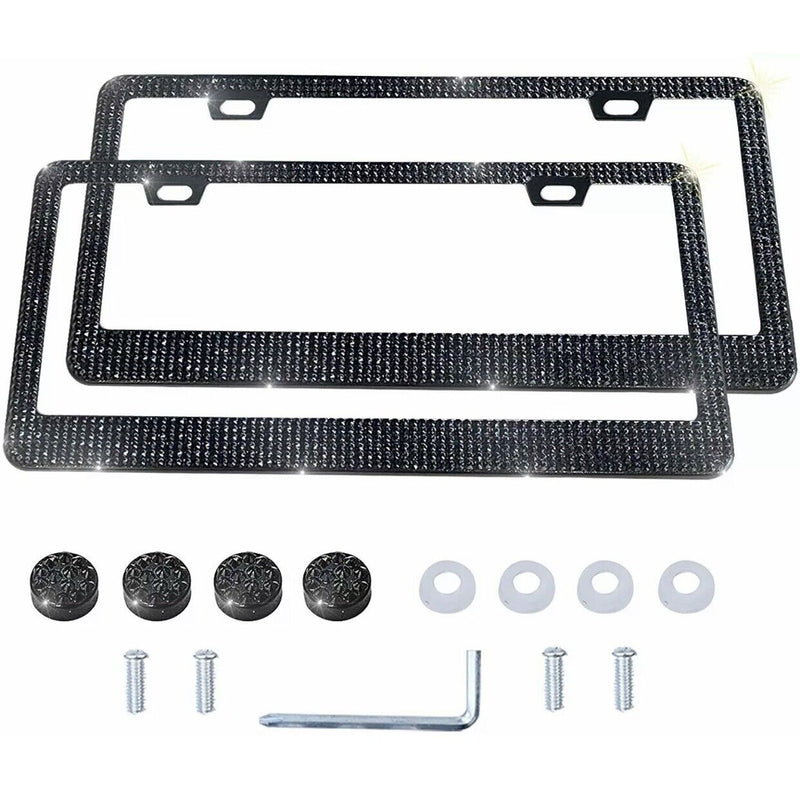 2 LUXURY Made with SWAROVSKI CRYSTAL Metal License Plate Frame Cap Diamond Black