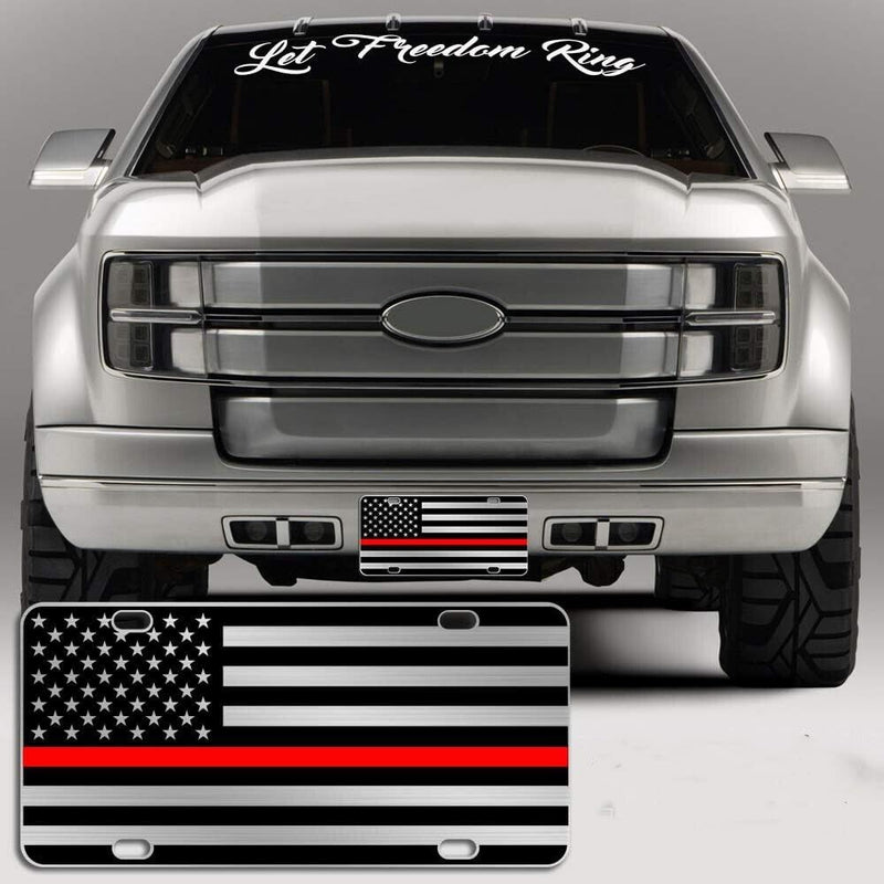 Thin Red Line American Flag License Plate Matte Black on Brushed Alum 1/8" HD
