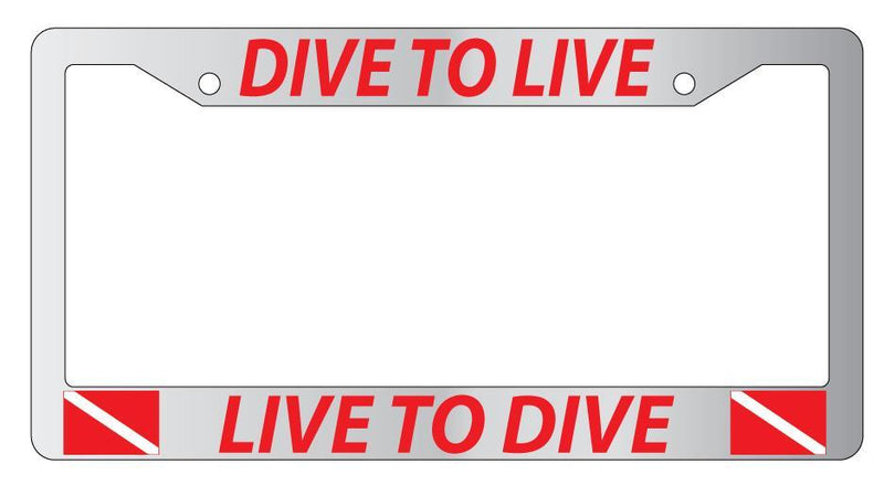 Chrome License Plate Frame DIVE TO LIVE LIVE TO DIVE (RED)w/FLAGS Auto Accessory  Mod-GRAPH9856236-4360