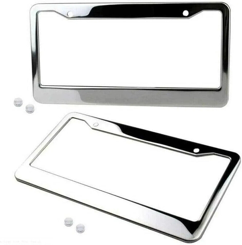 2PCS Chrome Stainless Steel Metal License Plate Frame Cover With Screw Caps v1