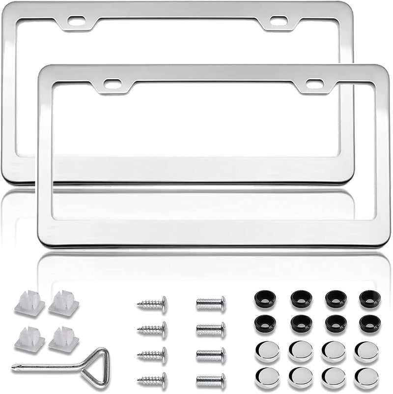 2 x Mirror Polished Stainless Steel Metal License Plate Frame
