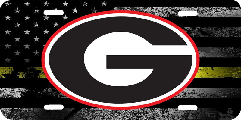 NCAA GEORGIA BULLDOGS DISTRESSED AMERICAN FLAG THIN YELLOW ALUMINUM LICENSE PLATE TAG