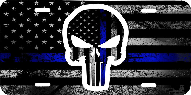 THIN BLUE LINE FLAG WITH PUNISHER SKULL VEHICLE LICENSE PLATE AUTO CAR TBL