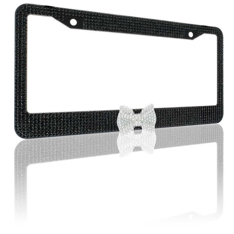 Black 7 Rows Bling Diamond Crystal License Plate Frame With Clear Bow Tie