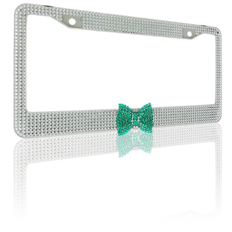Clear 7 Rows Bling Diamond Crystal License Plate Frame With Green Bow Tie