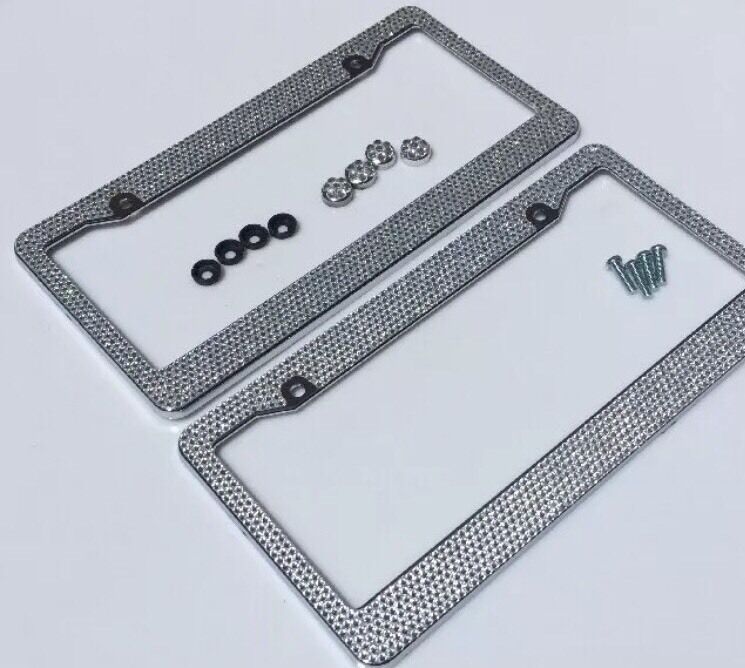 2pc Silver Diamond Bling Rhinestone Metal License Plate Frame Cover For Any Car