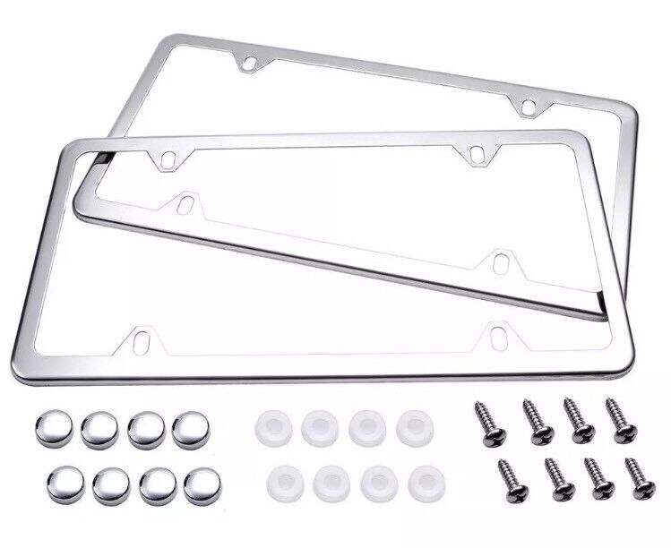 2PCS Stainless Steel 4 HOLE Polish Mirror License Plate Frame + Chrome Screw