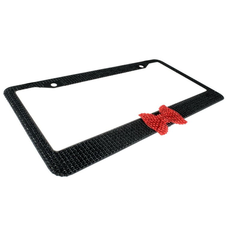Black 7 Rows Bling Diamond Crystal License Plate Frame With Red Bow Tie