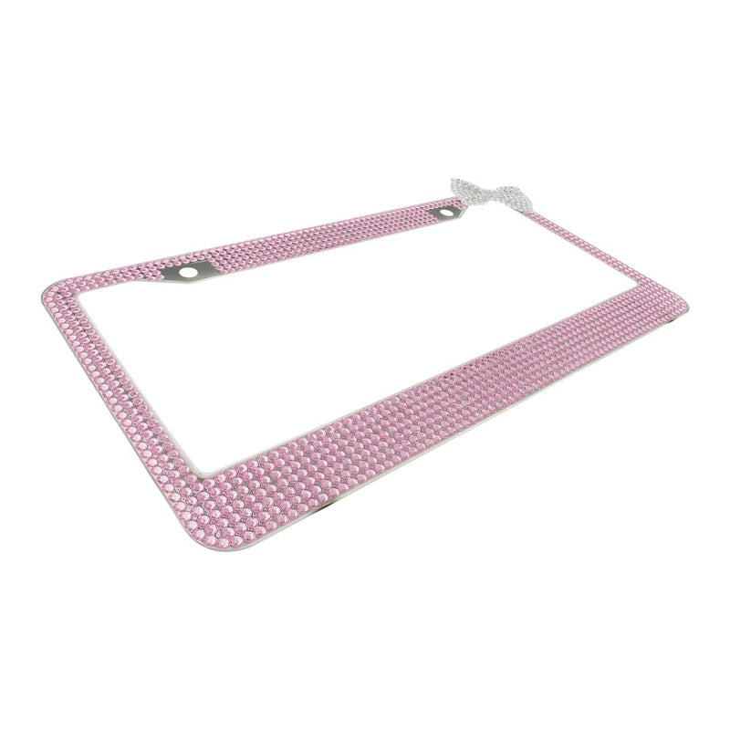 Pink 7 Rows Bling Diamond Crystal License Plate Frame With Corner Clear Bow Tie