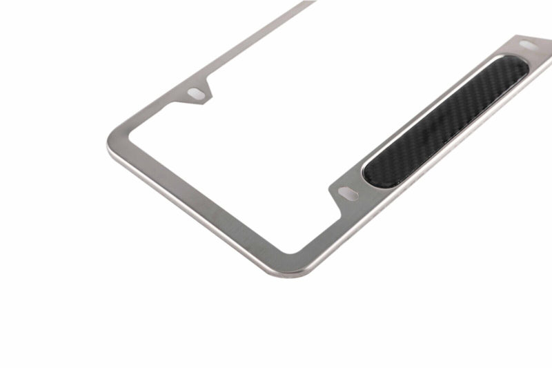Brush Chrome Stainless Steel License Plate Frame with Real Carbon Fiber Insert
