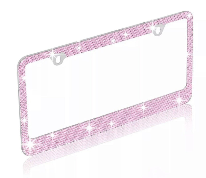 Metal Pink Crystal Glitter License Plate Frame Universal Fit