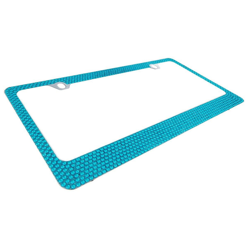 7 Rows Bling Light Blue Crystal Rhinestone METAL License Plate Frame+Caps