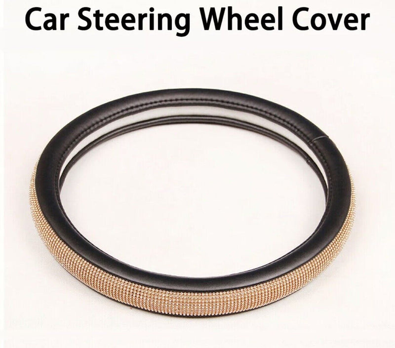 Car Steering Wheel PU Leather Non Slip Golden Crystal Sparkled Diamond Cover